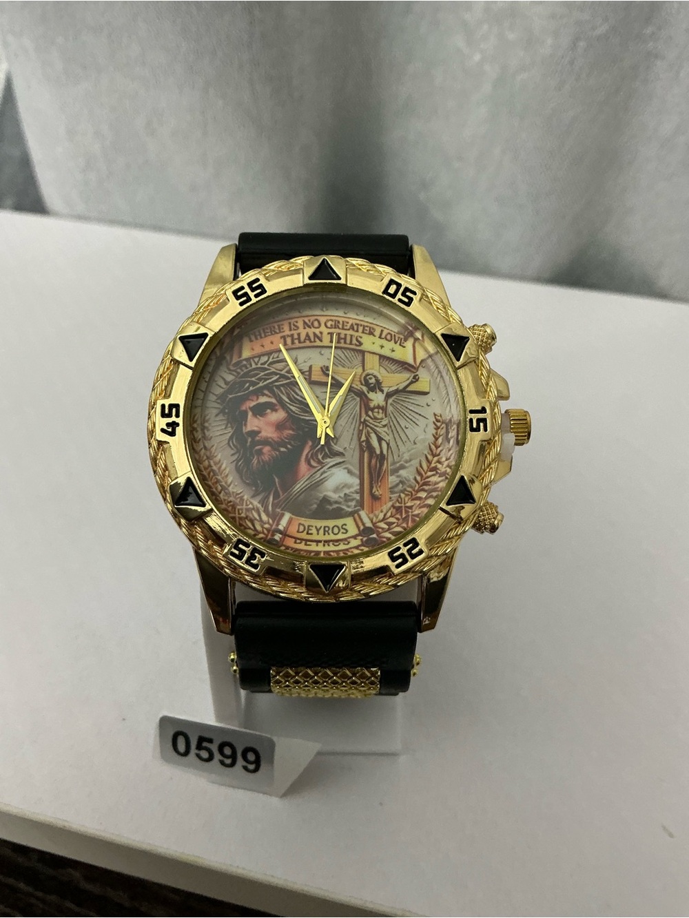 DEYROS Religious Analog Quartz Wristwatch Multicolor Dial Gold Tone/Black Rubber